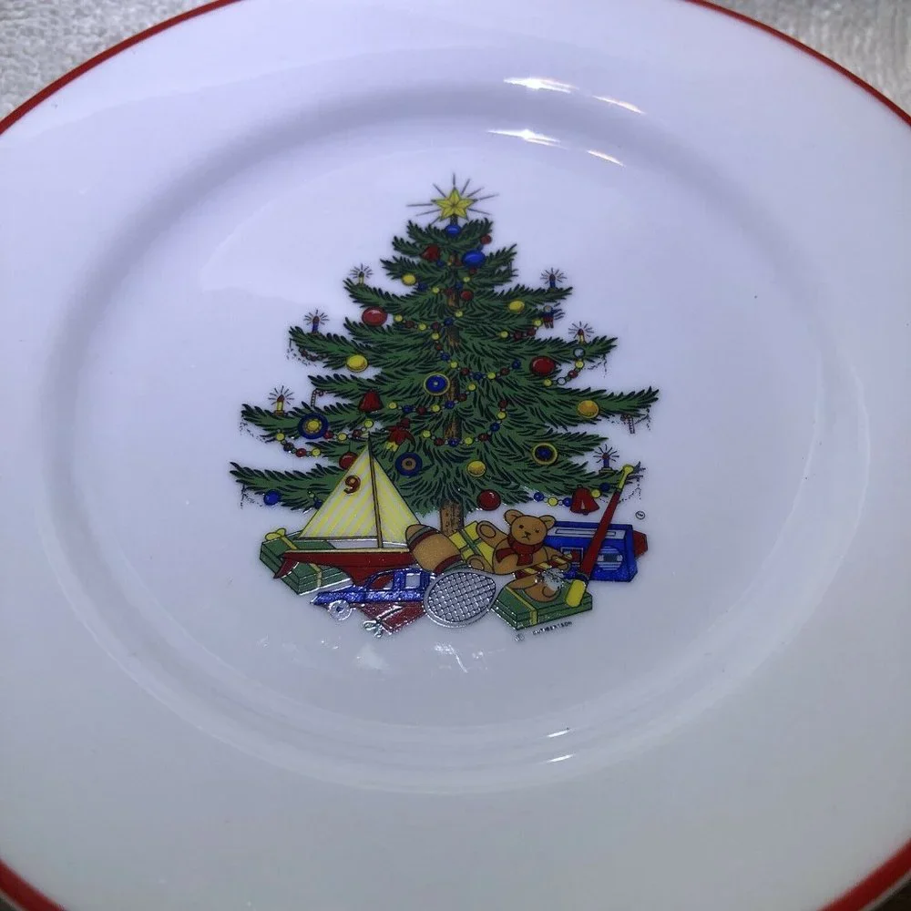 VTG Cuthbertson Set Of 4 Red Rim 6.5” “American Christmas Tree” Bread‎ Plates